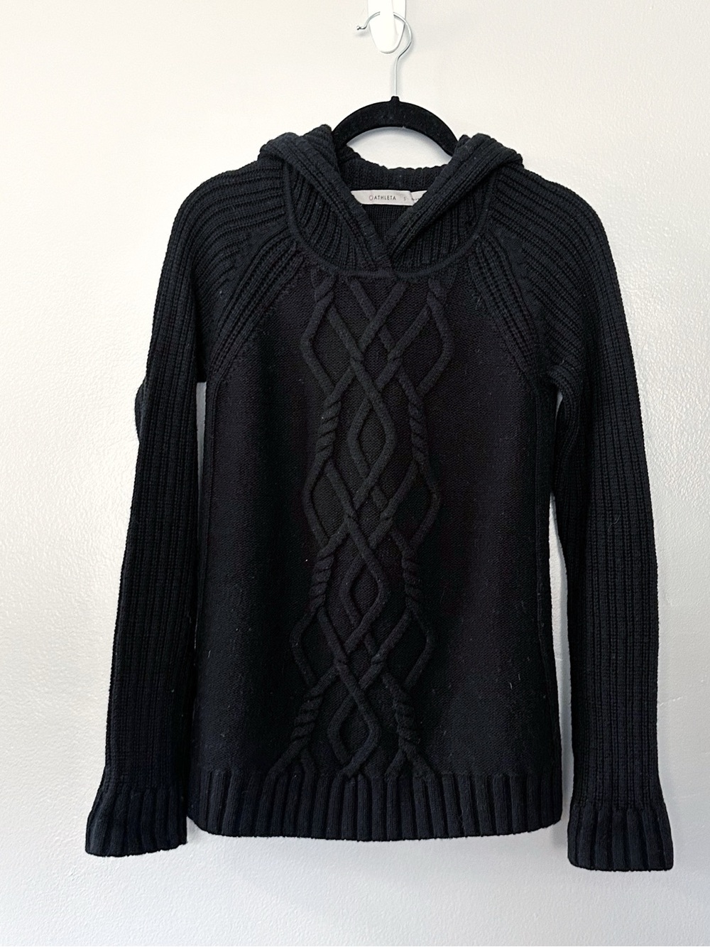 Athleta 100% Extra Fine Merino Wool Hooded Cable Knit Pullover Sweater Black S